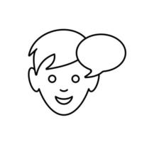 Boy with chat bubble linear icon. Thin line illustration. Contour symbol. Vector isolated outline drawing