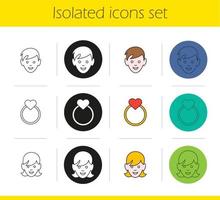 Valentine's Day icons set. Linear, black and color styles. Boy and girl, wedding ring with heart. Isolated vector illustrations