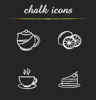 Tea chalk icons set. Piece of cake on plate, steaming cup, cutted lemon, brewing teapot infuser. Isolated vector chalkboard illustrations