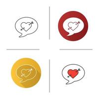 Love message icon. Flat design, linear and color styles. Romantic sms with arrow piercing heart. Isolated vector illustrations