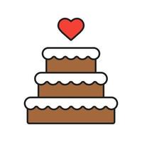 Wedding cake color icon. Chocolate cake with heart shape above. Isolated vector illustrations