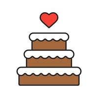 Wedding cake color icon. Chocolate cake with heart shape above. Isolated vector illustrations