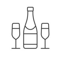 Champagne bottle and glasses linear icon. Thin line illustration. Contour symbol. Vector isolated outline drawing