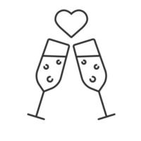 Romantic date linear icon. Thin line illustration. Toasting champagne glasses with heart shape above. Contour symbol. Vector isolated outline drawing