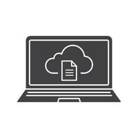 Laptop cloud storage file glyph icon. Silhouette symbol. Cloud computing. Negative space. Vector isolated illustration