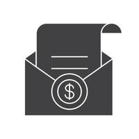 Salary glyph icon. Silhouette symbol. Check in open envelope. Negative space. Vector isolated illustration