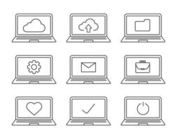 Laptops linear icons set. Laptops with folder, settings, cloud computing, email, tick, heart, briefcase, turn off button. Thin line contour symbols. Isolated vector illustrations