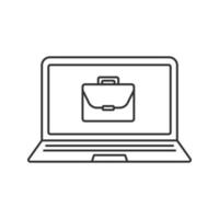 Work laptop linear icon. Thin line illustration. Business notebook with briefcase contour symbol. Vector isolated outline drawing