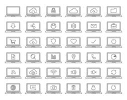 Laptops linear icons set. Laptop wifi connection, cloud computing, users, protection, document, folder, settings. Thin line contour symbols. Isolated vector illustrations