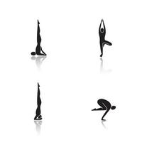 Yoga poses drop shadow black icons set. Sarvangasana, vrikshasana, salamba sirsasana, bakasana yoga positions. Isolated vector illustrations