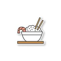 Rice with shrimps patch. Chinese fried rice in bowl and chopsticks. Color sticker. Vector isolated illustration