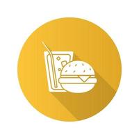 Icono de glifo de larga sombra de diseño plano de hamburguesa y refresco. Comida rápida. sándwich con limonada. ilustración de silueta de vector