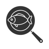 Fish on frying pan glyph icon. Silhouette symbol. Negative space. Vector isolated illustration