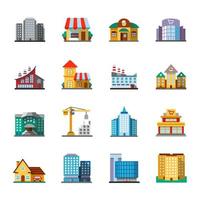 Conjunto de iconos de colores de larga sombra de diseño plano de edificios de la ciudad. fachadas. arquitectura de la ciudad. ilustraciones de silueta de vector
