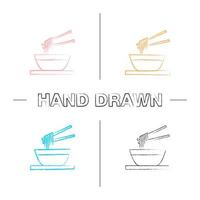 Chinese noodles with chopsticks hand drawn icons set. Ramen. Spaghetti in bowl. Color brush stroke. Isolated vector sketchy illustrations