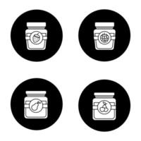 Fruit preserves glyph icons set. Pear, cherry, raspberry and strawberry jam jars. Vector white silhouettes illustrations in black circles