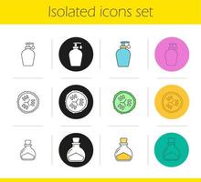 Spa salon icons set. Linear, black and color styles. Cucumber slice, lotion container with drop, salt bottle. Isolated vector illustrations