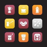 Coffee flat design icons set. Espresso machine, classic coffee maker, steaming mug on plate, french press, turkish cezve, spoon with sugar, hand mill. Web application interface. Vector illustrations