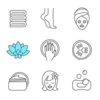 Spa salon linear icons set. Towels, woman's feet and face, cucumber slice, hand with manicure, cream jar, spa flower. Thin line contour symbols. Isolated vector illustrations