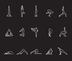Conjunto de iconos de tiza de asanas de yoga. posiciones de yoga sarvangasana, halasana, bakasana, uttanasana, siddhasana, vrikshasana, vrishchikasana. ilustraciones de pizarra vector aislado