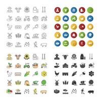 Agriculture icons set. Farming. Agricultural implement. Linear, flat design, color and glyph styles. isolated vector illustrations