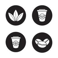 Tea and coffee icons set. Roasted coffee beans, tea leaves and disposable paper cups. Vector white silhouettes illustrations in black circles