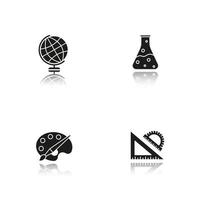 Education drop shadow black icons set. Geography, chemistry, art, geometry symbols. School rulers, chemical reaction, palette with brush, globe. Isolated vector illustrations