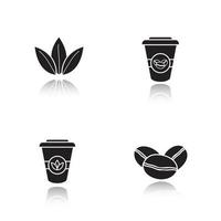 Tea and coffee drop shadow black icons set. Roasted coffee beans, tea leaves and disposable paper cups. Isolated vector illustrations