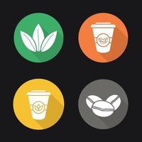 Conjunto de iconos de larga sombra de diseño plano de té y café. granos de café tostados, hojas de té y vasos de papel desechables. ilustración de silueta de vector