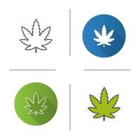 Marijuana leaf icon. Cannabis, ganja. Flat design, linear and color styles. Isolated vector illustrations