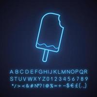 Bitten chocolate ice cream neon light icon. Glowing sign with alphabet, numbers and symbols. Vector isolated illustration