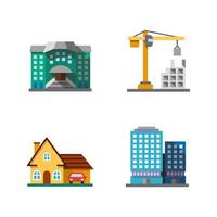 Conjunto de iconos de colores de larga sombra de diseño plano de edificios de la ciudad. albergue, construcción, cabaña, edificio de oficinas. ilustraciones de silueta de vector