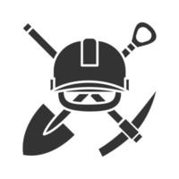 Crossed shovel and pickaxe with hard hat glyph icon. Mining emblem. Silhouette symbol. Negative space. Vector isolated illustration