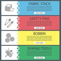 Tailoring web banner templates set. Fabric stack, safety pins, bobbins, needle and thread spool. Website color menu items with linear icons. Vector headers design concepts