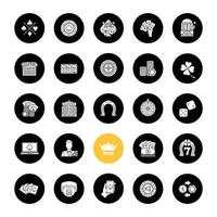 Casino glyph icons set. Gambling. Cards games. Vector white silhouettes illustrations in black circles