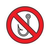 Forbidden sign with hook color icon. No fishing prohibition. Isolated vector illustration