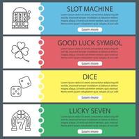 Casino web banner templates set. Slot machine, four leaf clover, dice, lucky seven. Website color menu items with linear icons. Vector headers design concepts