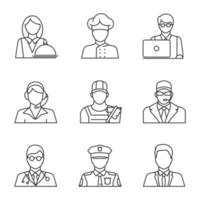 Professions linear icons set. Waitress, cook, IT technologist, call center operator, cleaner, bodyguard doctor, policeman, office worker. Thin line contour symbol. Isolated vector outline illustration