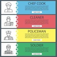 Professions web banner templates set. Chef cook, cleaner, policeman, soldier. Website color menu items with linear icons. Vector headers design concepts