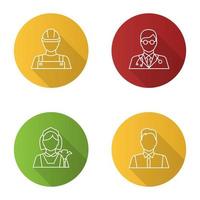 Professions flat linear long shadow icons set. Occupations. Builder, doctor, maid, showman, office worker. Vector outline illustration