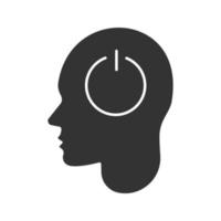 Human head with power button inside glyph icon. Brain turning off. Silhouette symbol. Artificial intelligence. Negative space. Vector isolated illustration