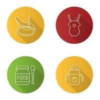 Childcare flat linear long shadow icons set. Rocking chair, baby carrier, food, sippy cup. Vector outline illustration