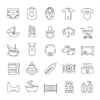 Childcare linear icons set. Equipment, clothes, carriages, car seats, nutrition for babies. Thin line contour symbols. Isolated vector outline illustrations
