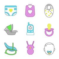 conjunto de iconos de colores de cuidado de niños. pañal para bebé, babero, recién nacido, asiento para automóvil, radio niñera, chupete, mecedora, bolsa de transporte, cara de niño. ilustraciones vectoriales aisladas vector