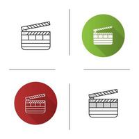 Clapperboard icon. Time code slate. Flat design, linear and color styles. Isolated vector illustrations