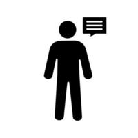 Man with speech bubble glyph icon. Silhouette symbol. Talking person. Announcement. Speaking man. Negative space. Vector isolated illustration