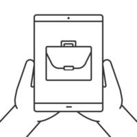 Hands holding tablet computer linear icon. Freelancing. Thin line illustration. Tablet computer with briefcase. Contour symbol. Vector isolated outline drawing