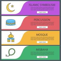 Islamic culture web banner templates set. Crescent moon and star, mosque, misbaha, daf. Website color menu items. Vector headers design concepts