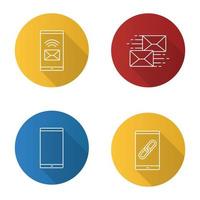 Smartphone apps flat linear long shadow icons set. Incoming message, mailing, mobile phone, link sharing. Vector outline illustration