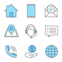 Information center color icons set. Homepage, smartphone, email, GPS, hotline, chat, call, helpdesk, globe. Isolated vector illustrations